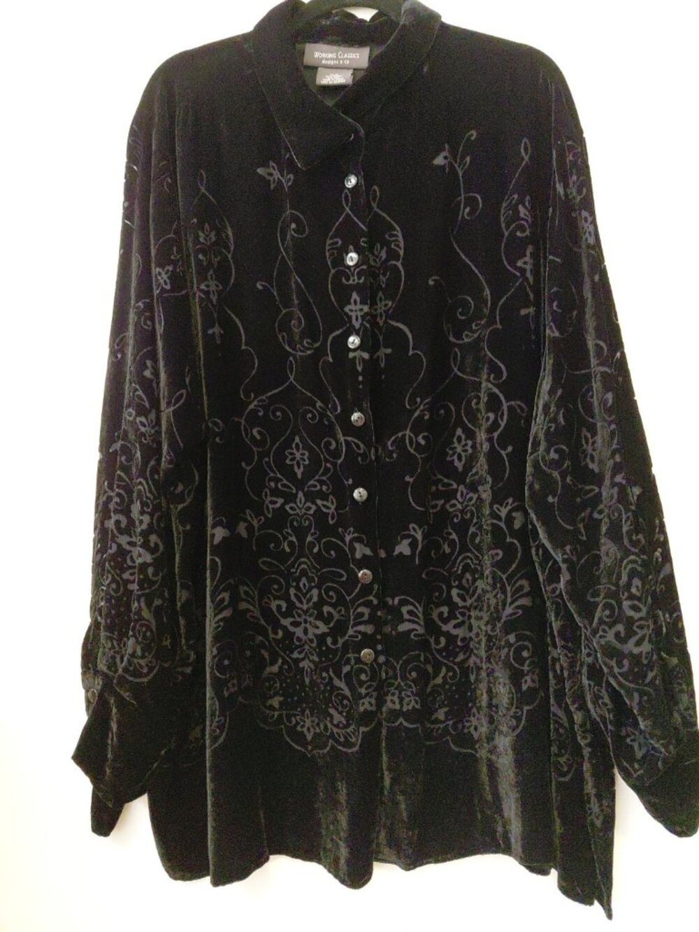 Working Classics Velvet Floral Burnout Button Front Long Sleeves Black 4X